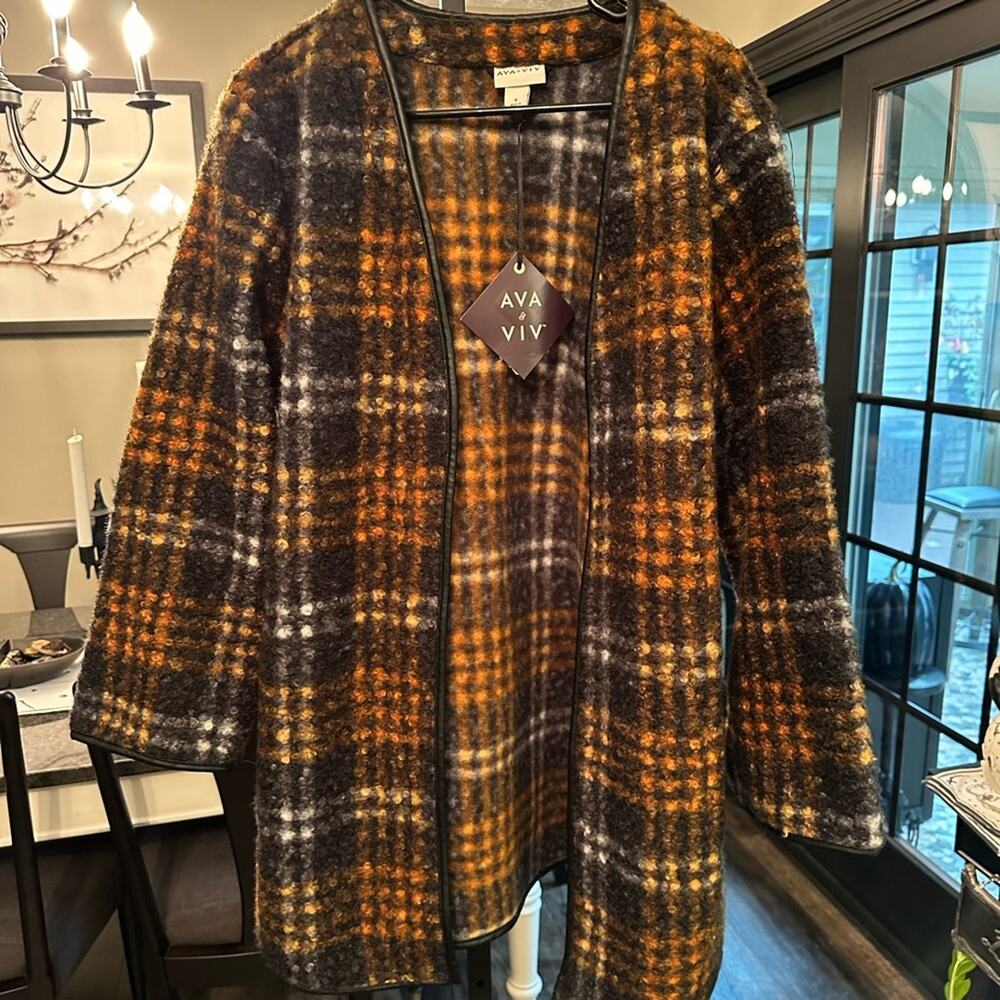 Ava & Viv NWT Oversized Checkered Plaid  Orange Black Open Front Jacket Size XL